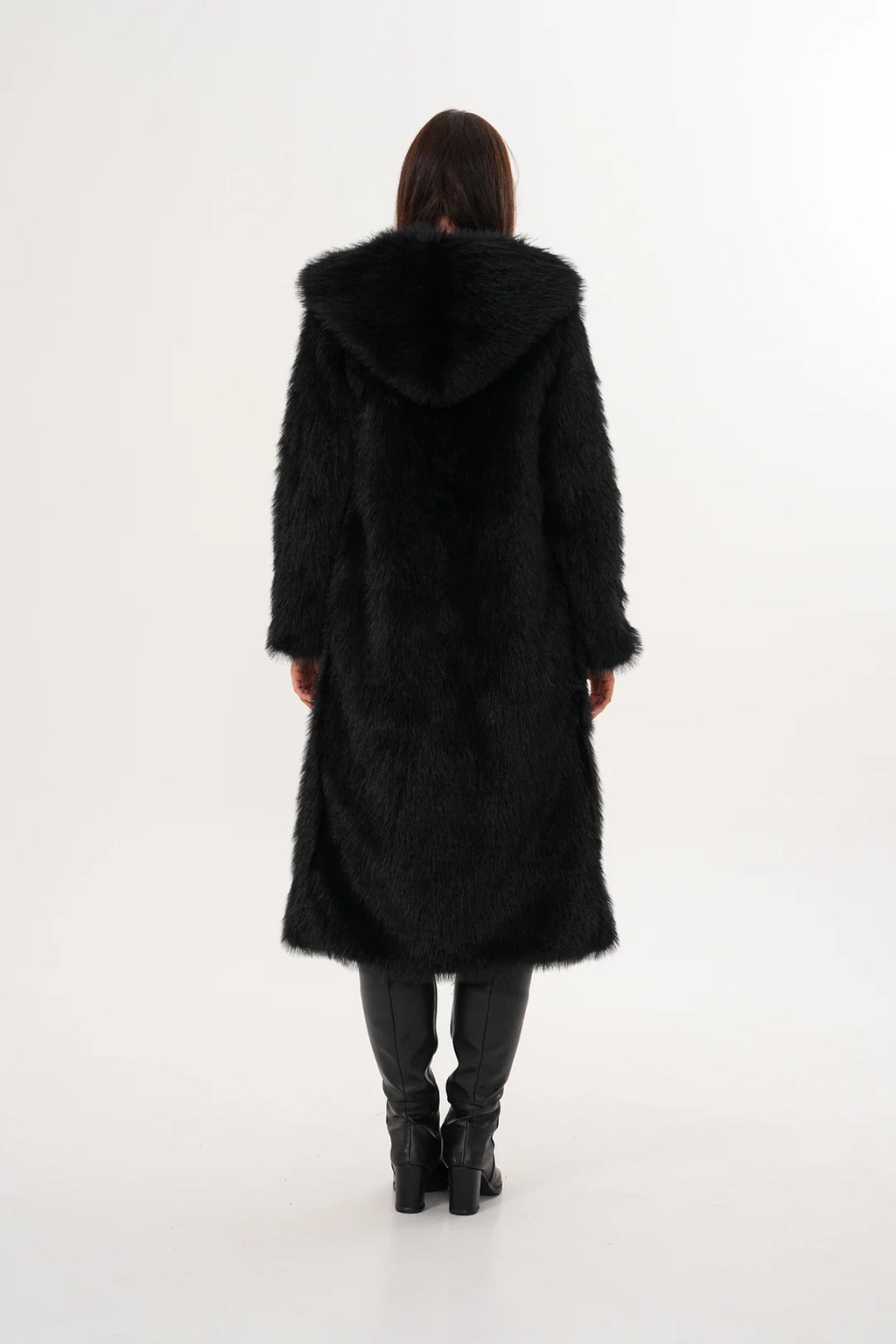 Black Full-Length Hooded Faux Fur Coat
