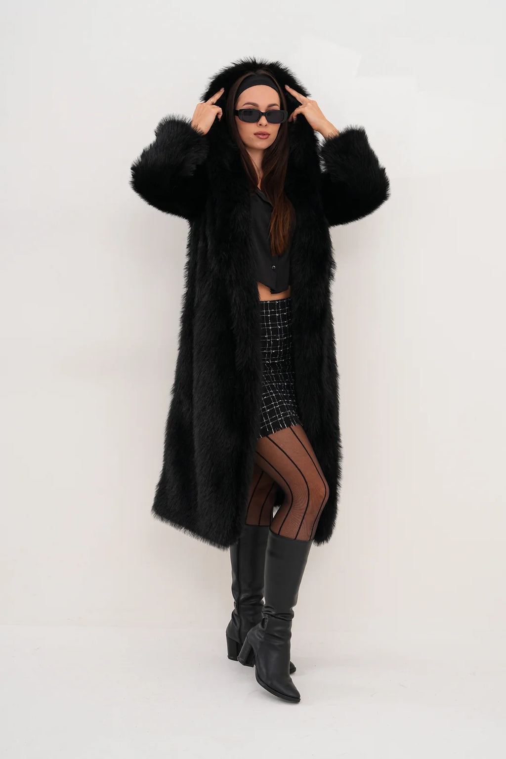 Black Full-Length Hooded Faux Fur Coat