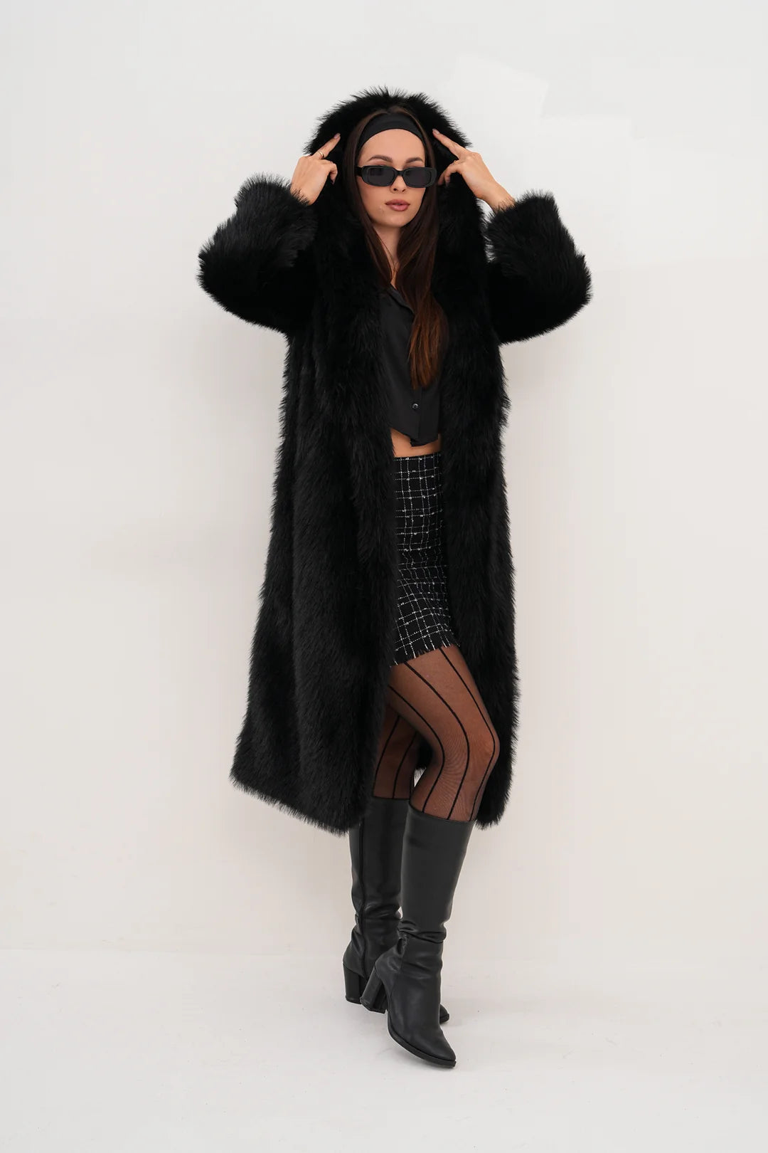 Black Full-Length Hooded Faux Fur Coat