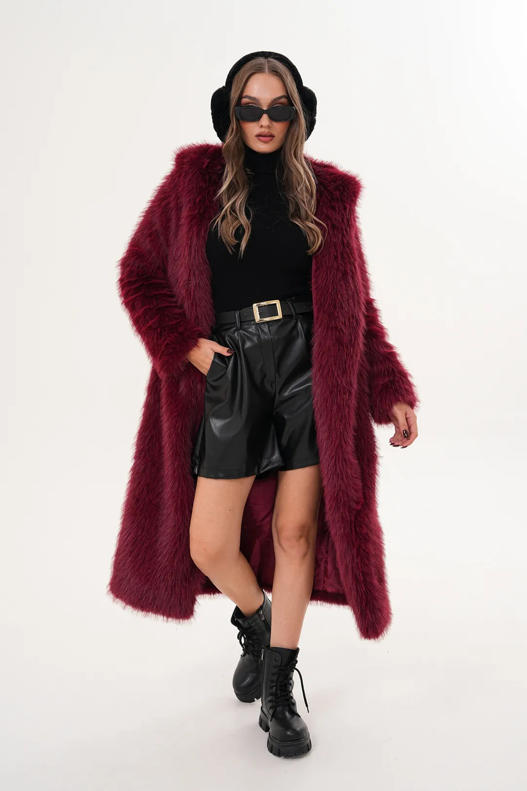 Burgundy Full-Length Hooded Faux Fur Coat