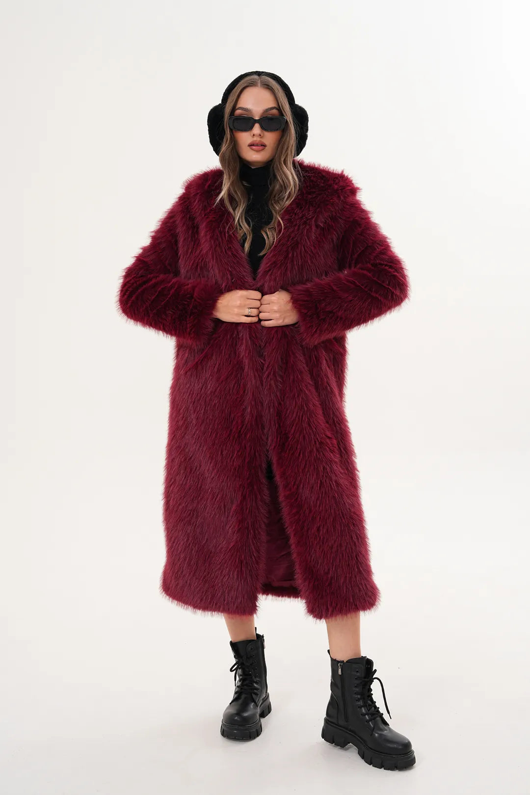 Burgundy Full-Length Hooded Faux Fur Coat