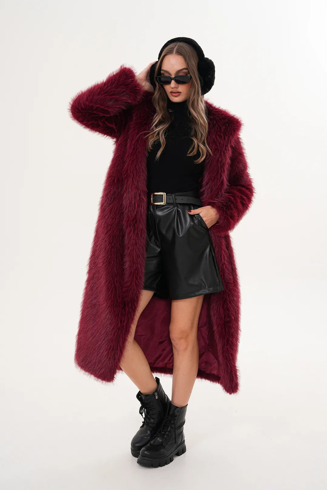 Burgundy Full-Length Hooded Faux Fur Coat