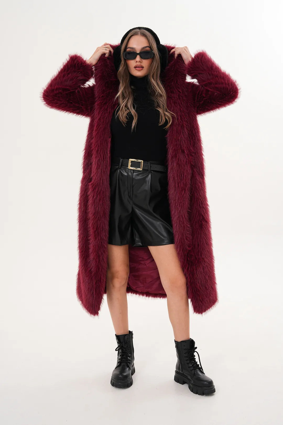 Burgundy Full-Length Hooded Faux Fur Coat