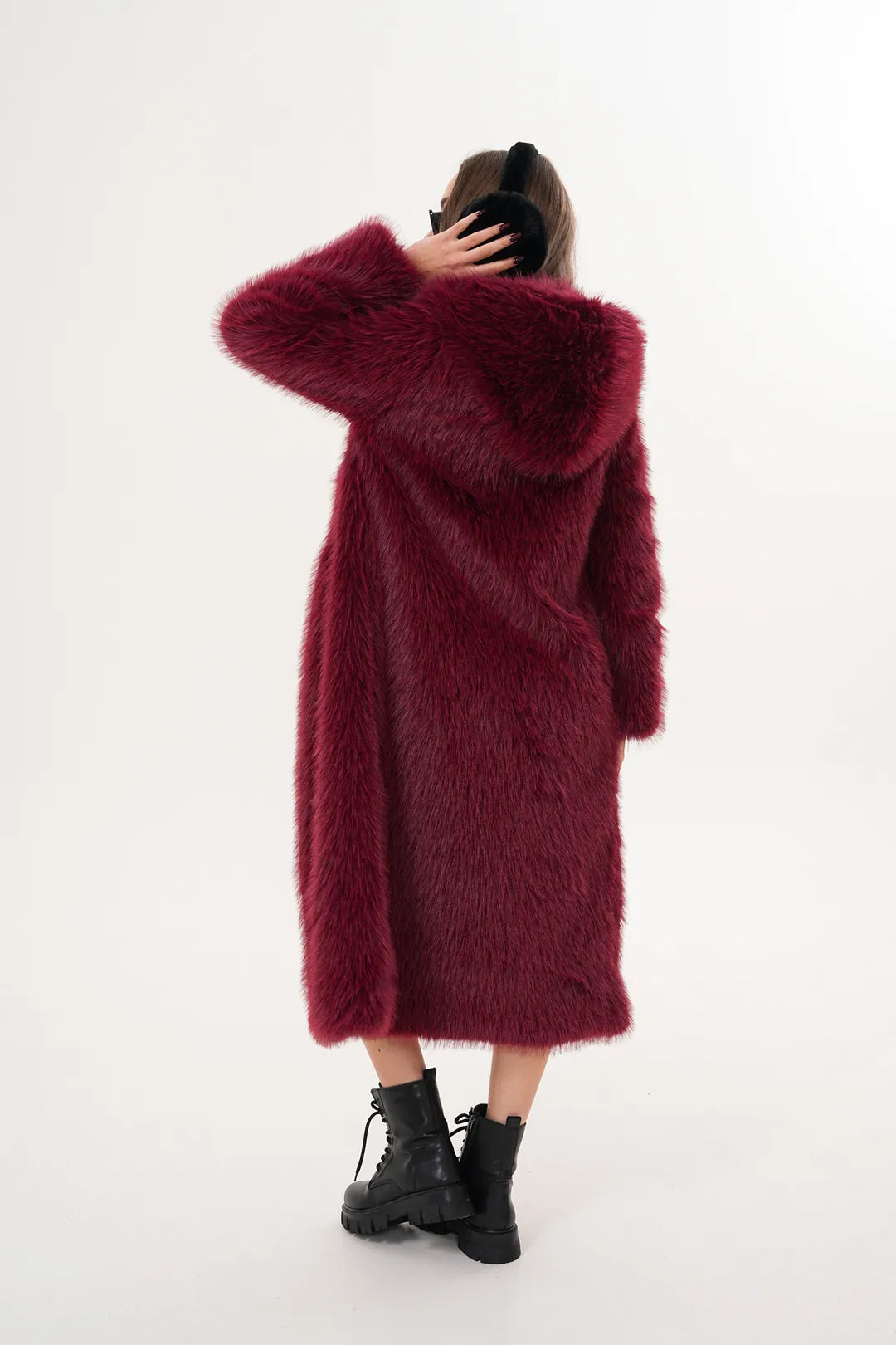 Burgundy Full-Length Hooded Faux Fur Coat