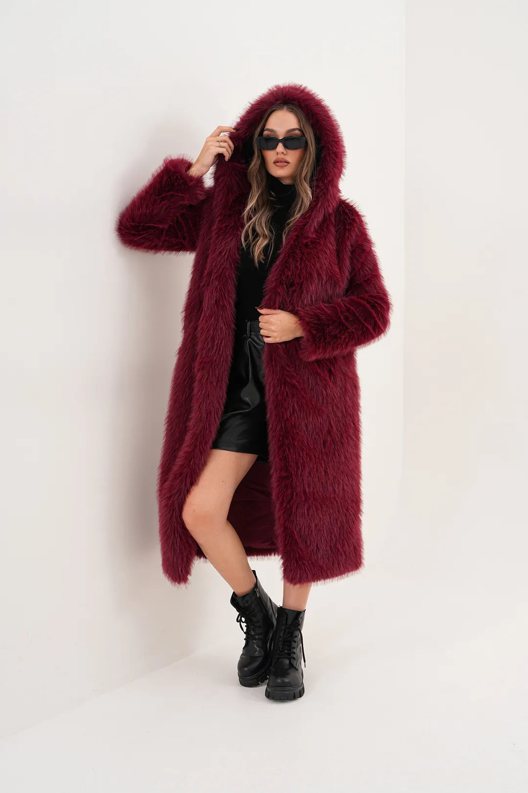 Burgundy Full-Length Hooded Faux Fur Coat