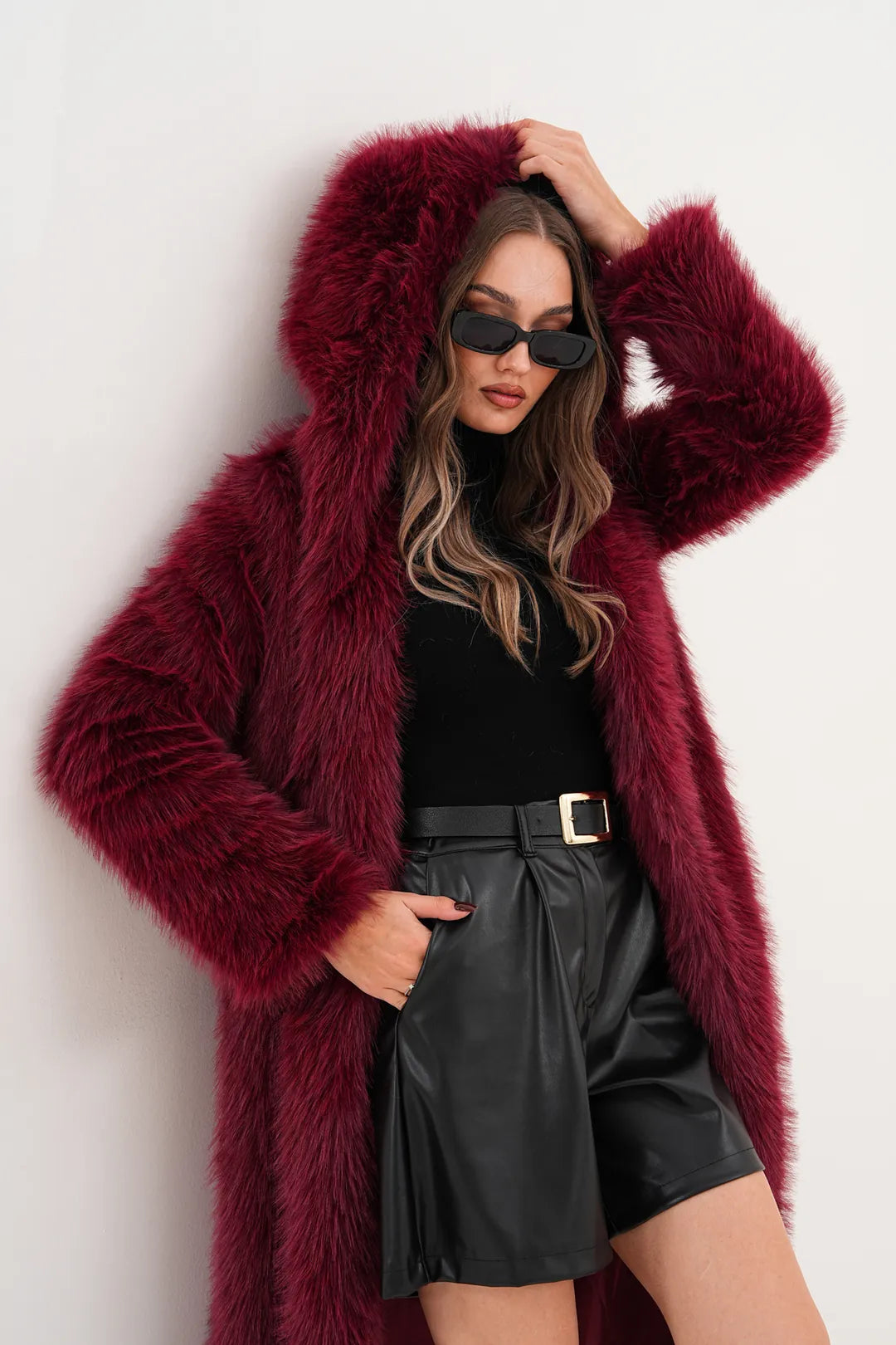 Burgundy Full-Length Hooded Faux Fur Coat