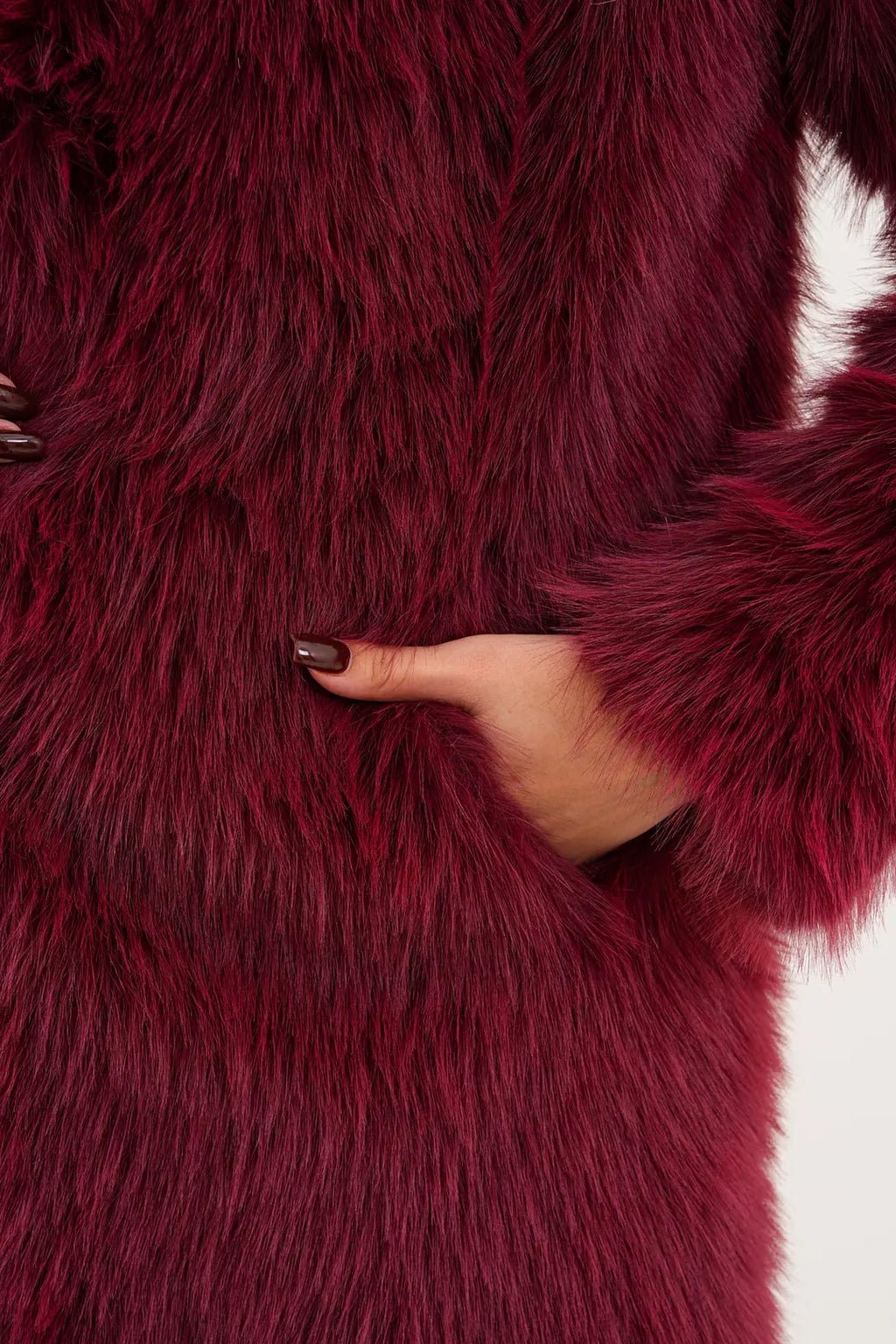 Burgundy Full-Length Hooded Faux Fur Coat