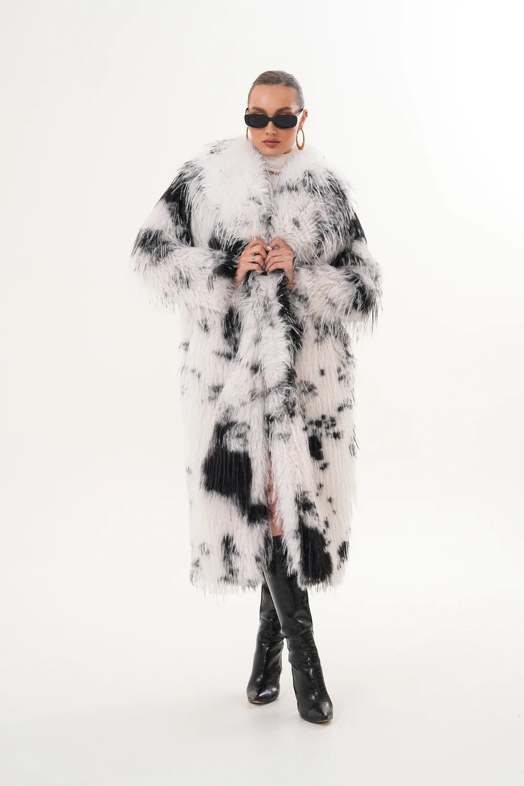 Black White  Long Faux Fur Coat
