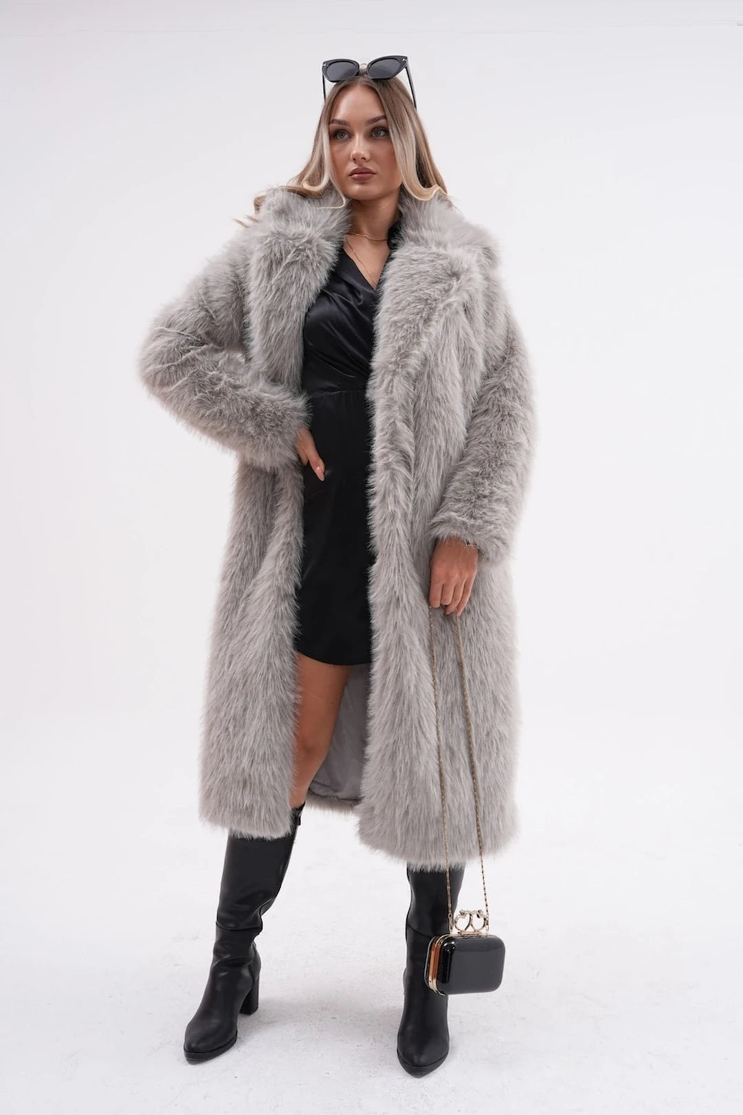 Full-Length Grey Faux Fur Coat