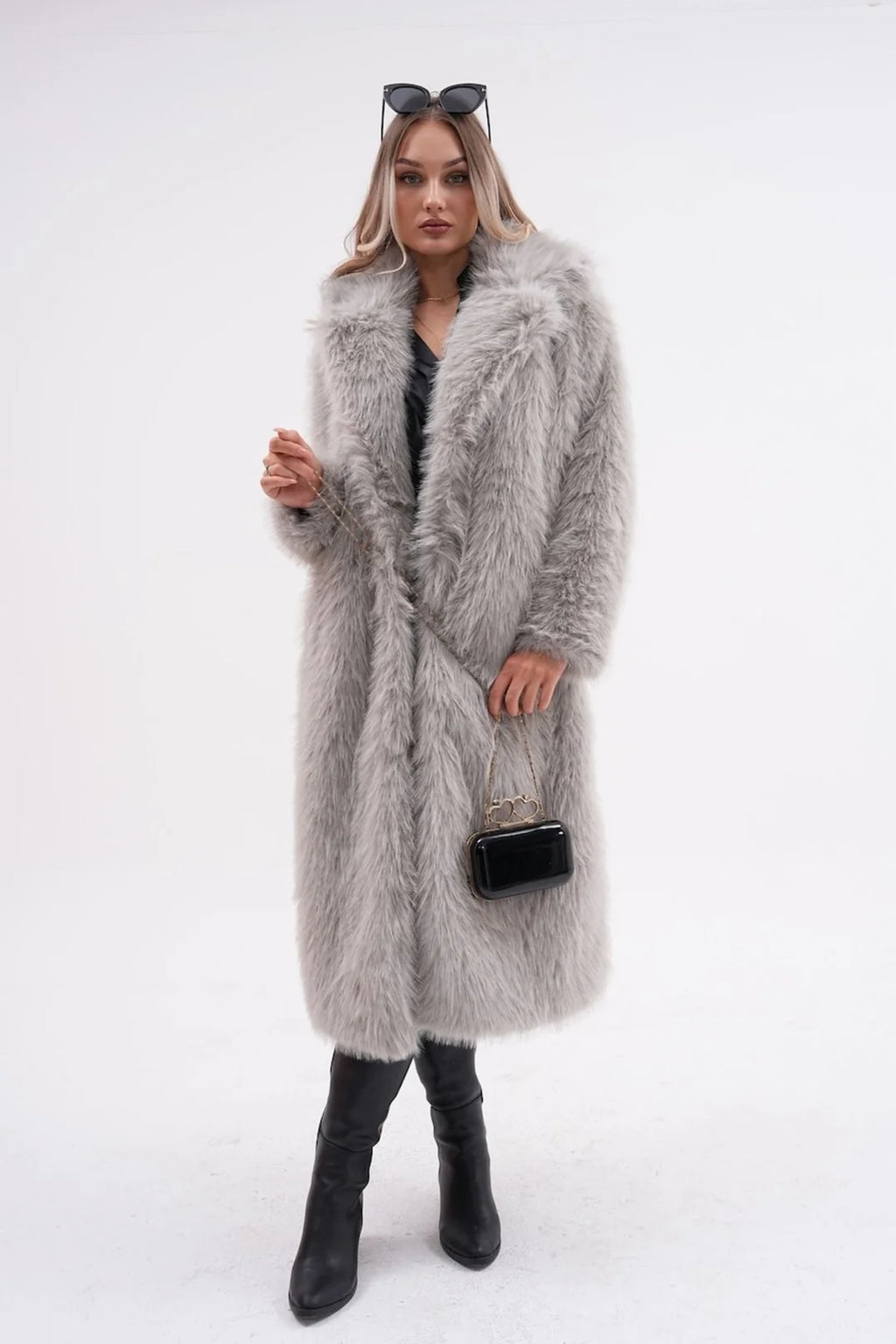 Full-Length Grey Faux Fur Coat