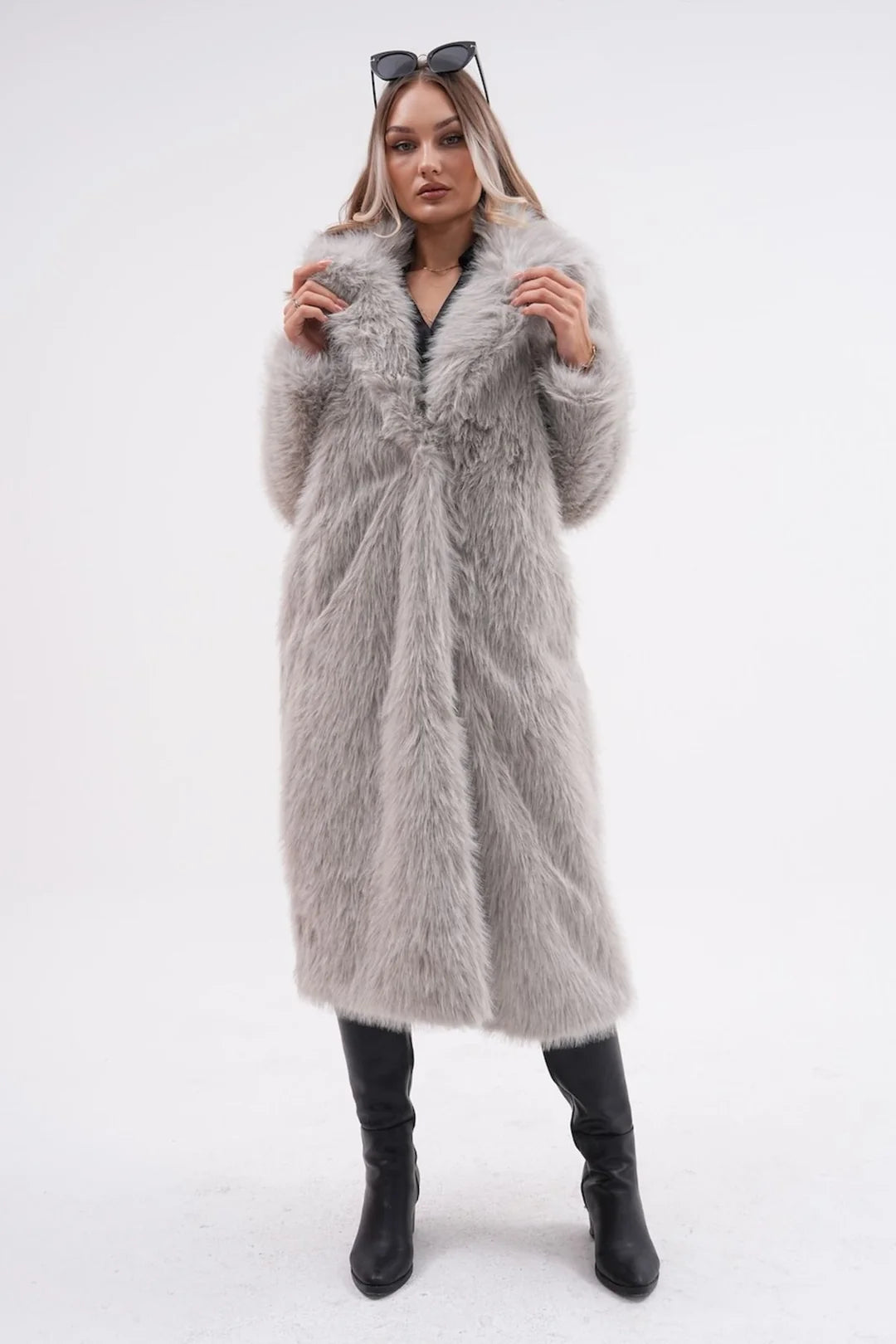 Full-Length Grey Faux Fur Coat