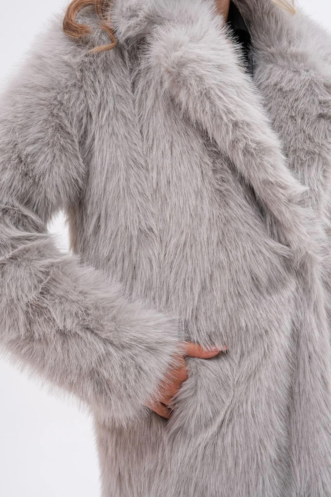Full-Length Grey Faux Fur Coat