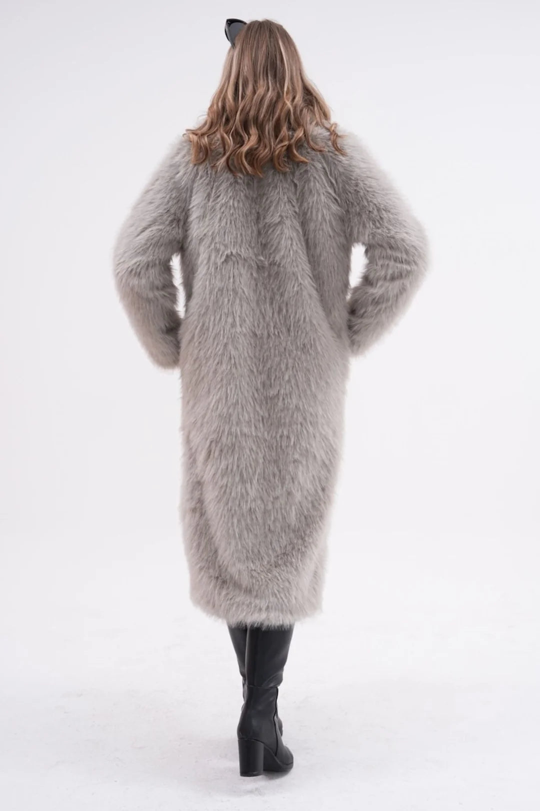 Full-Length Grey Faux Fur Coat