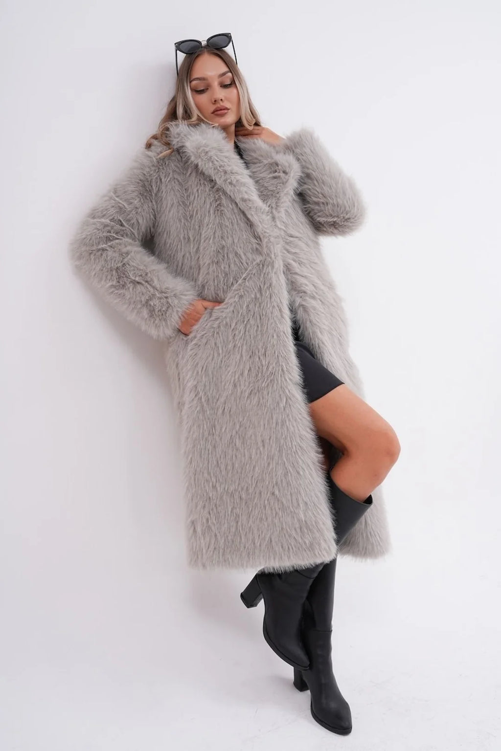 Full-Length Grey Faux Fur Coat