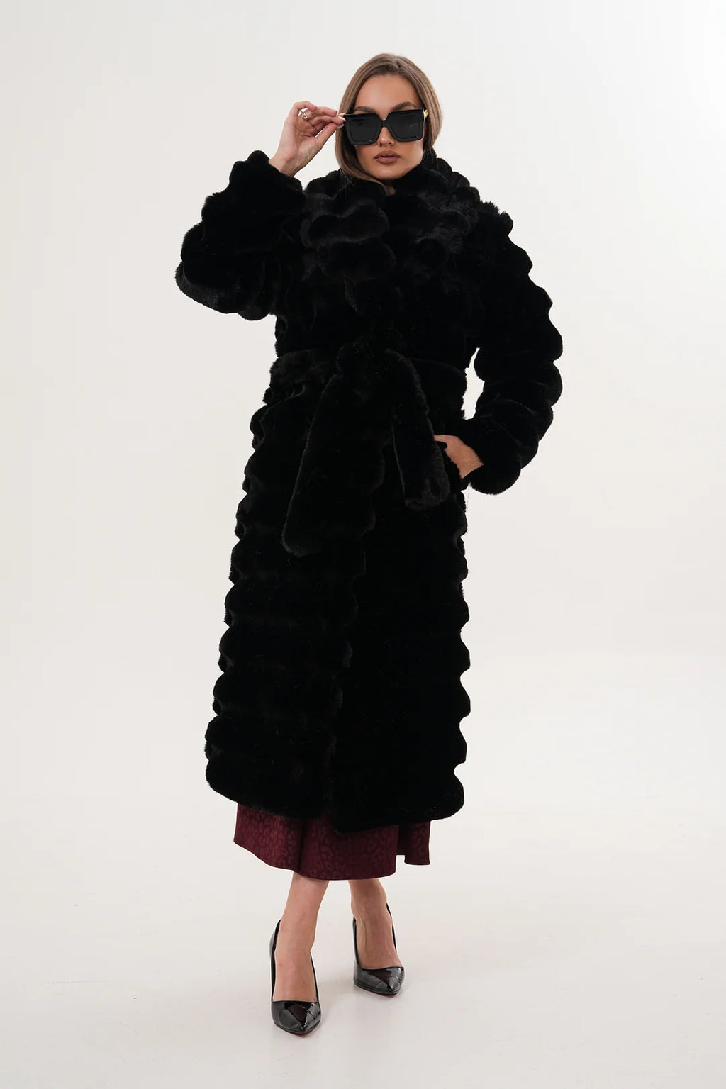 Black Long Chinchilla-Style Faux Fur Coat