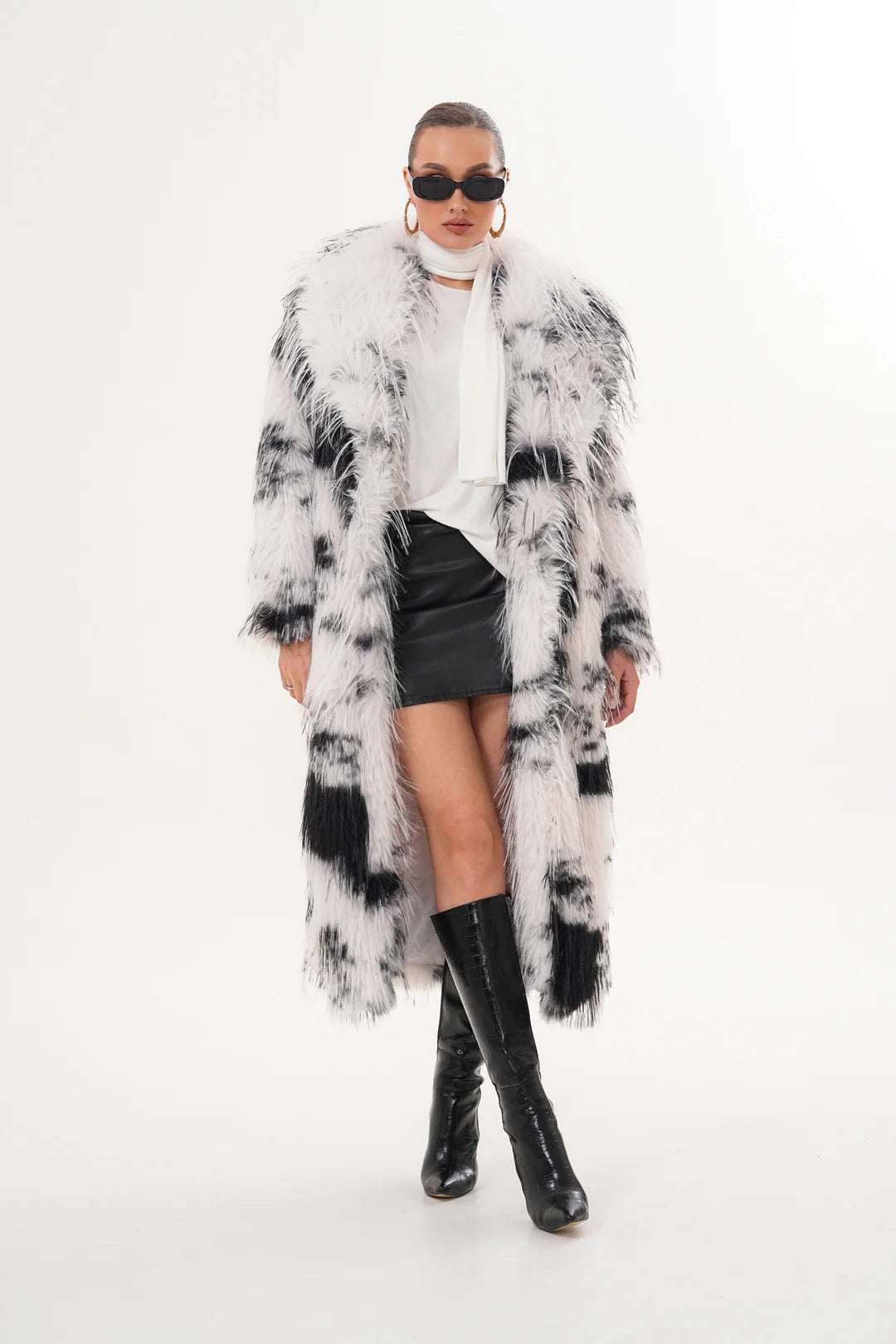 Black White  Long Faux Fur Coat
