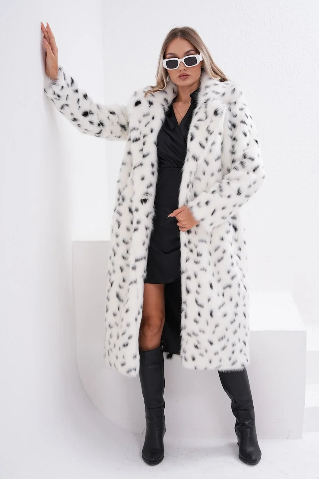 White Full-Length Faux Fur Coat with Black Leopard