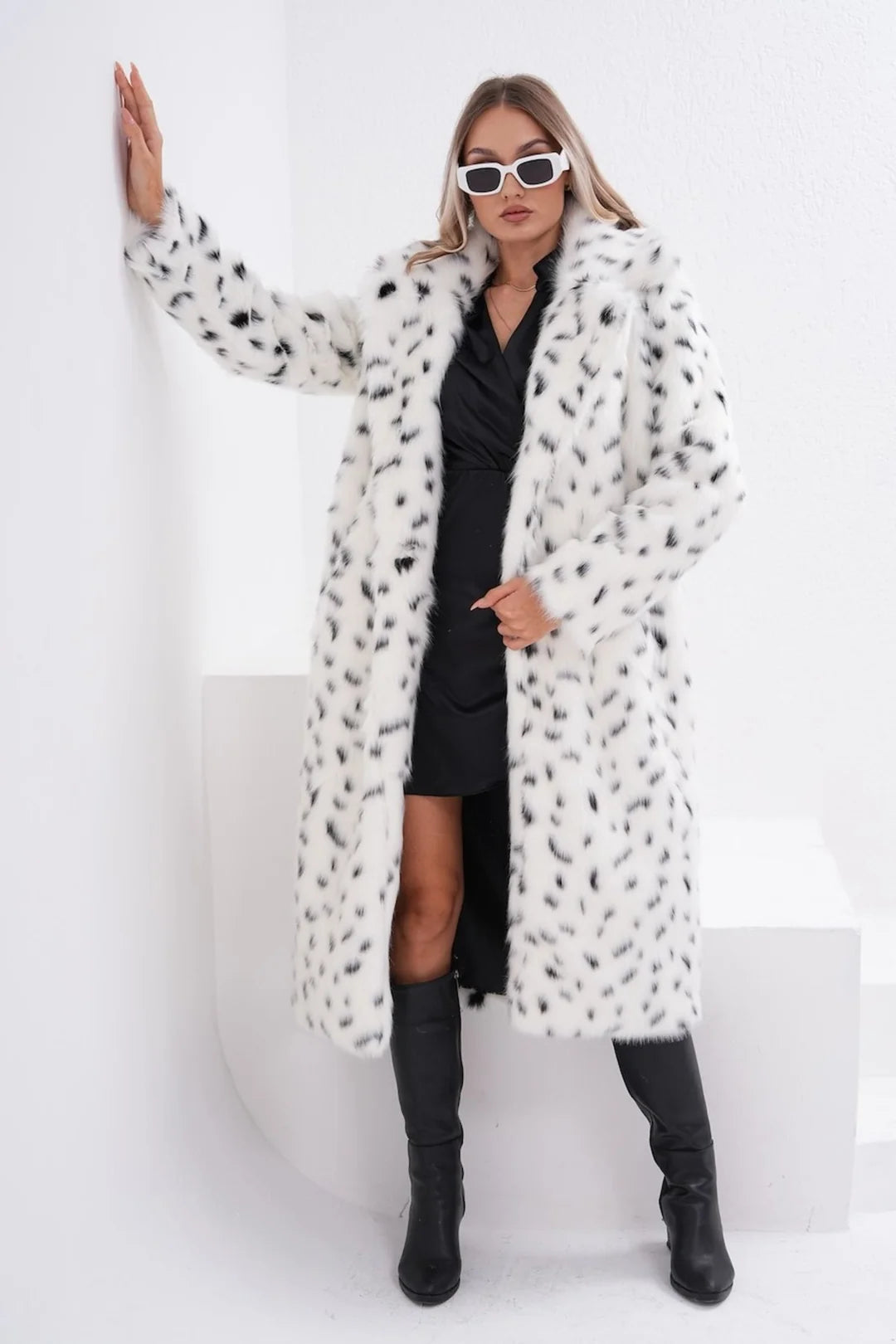 White Full-Length Faux Fur Coat with Black Leopard
