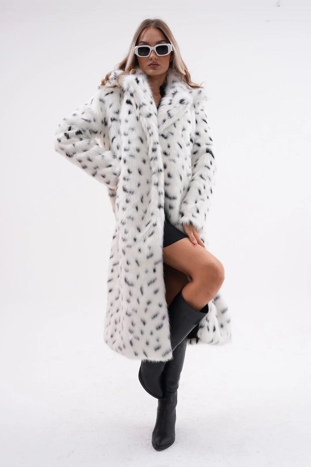 White Full-Length Faux Fur Coat with Black Leopard