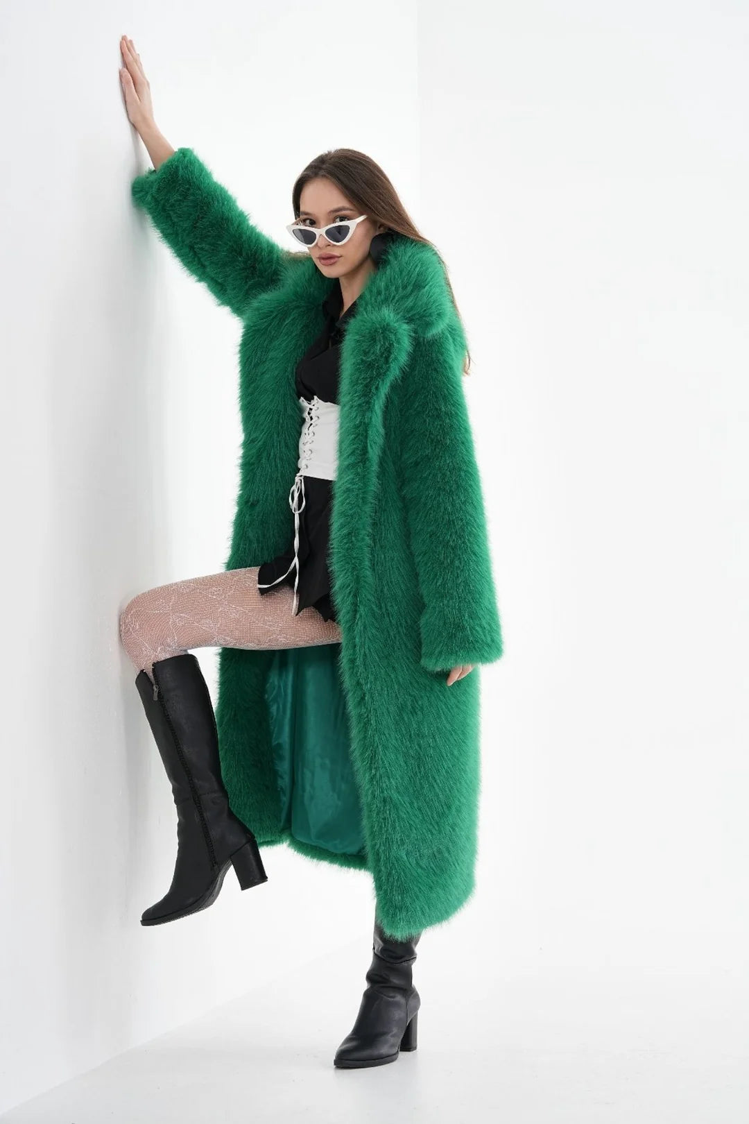 Green Full-Length Faux Fur Coat