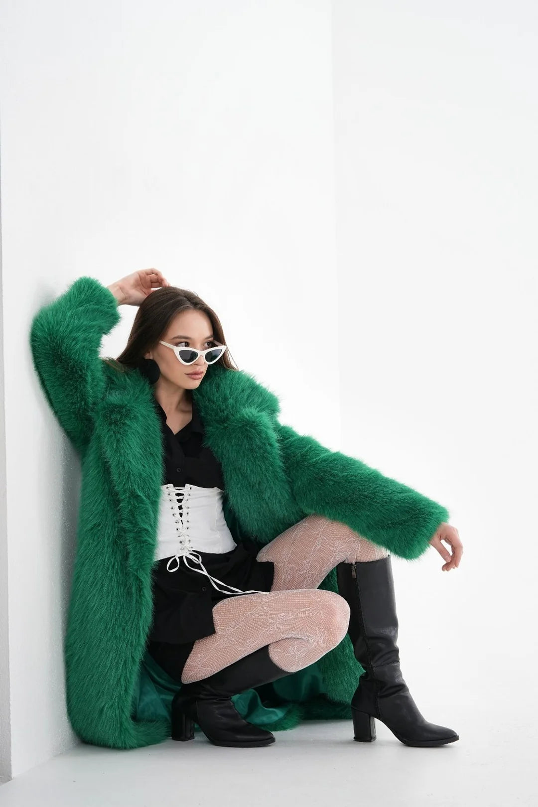 Green Full-Length Faux Fur Coat
