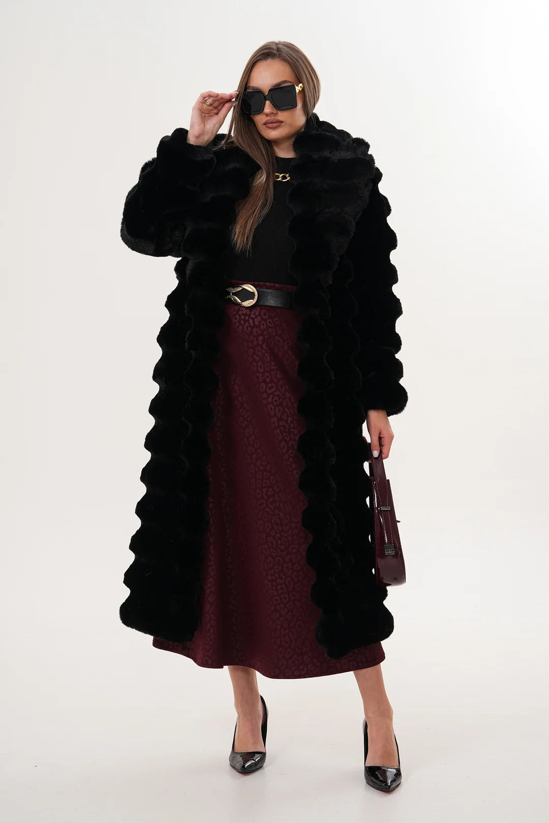 Black Long Chinchilla-Style Faux Fur Coat
