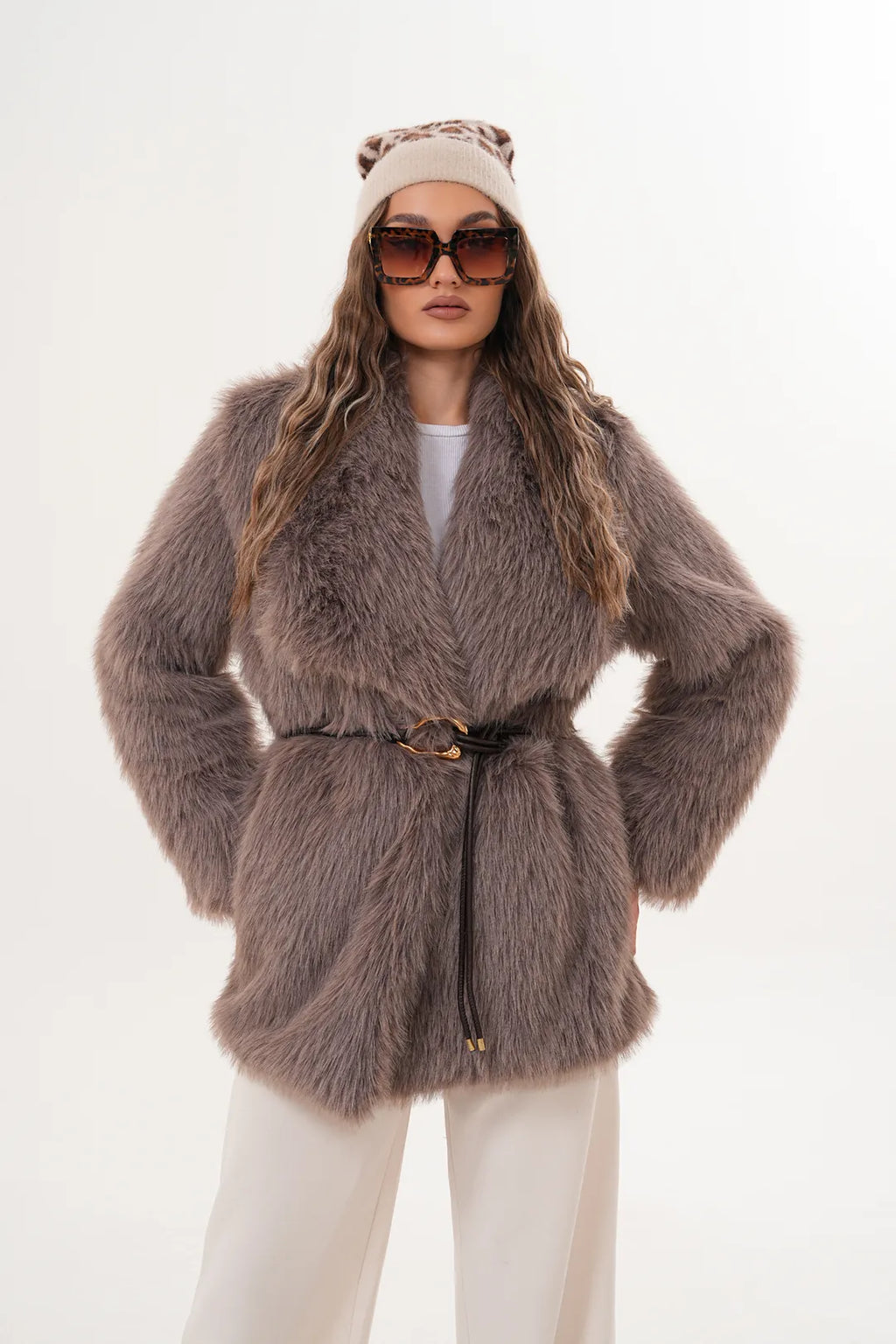 Beige Mink-Tone Belted Wide Collar Midi Faux Fur Coat