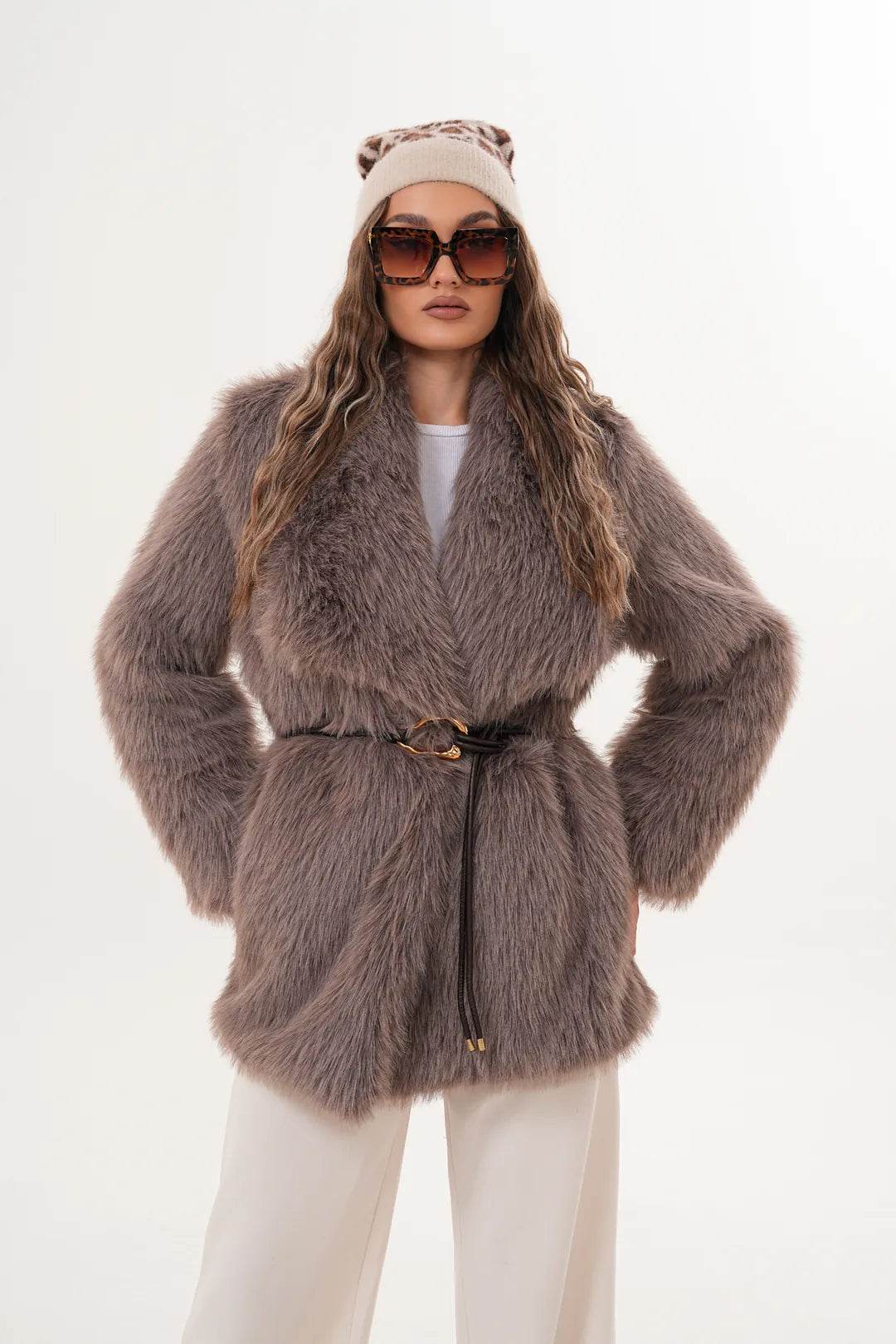 Beige Mink-Tone Belted Wide Collar Midi Faux Fur Coat