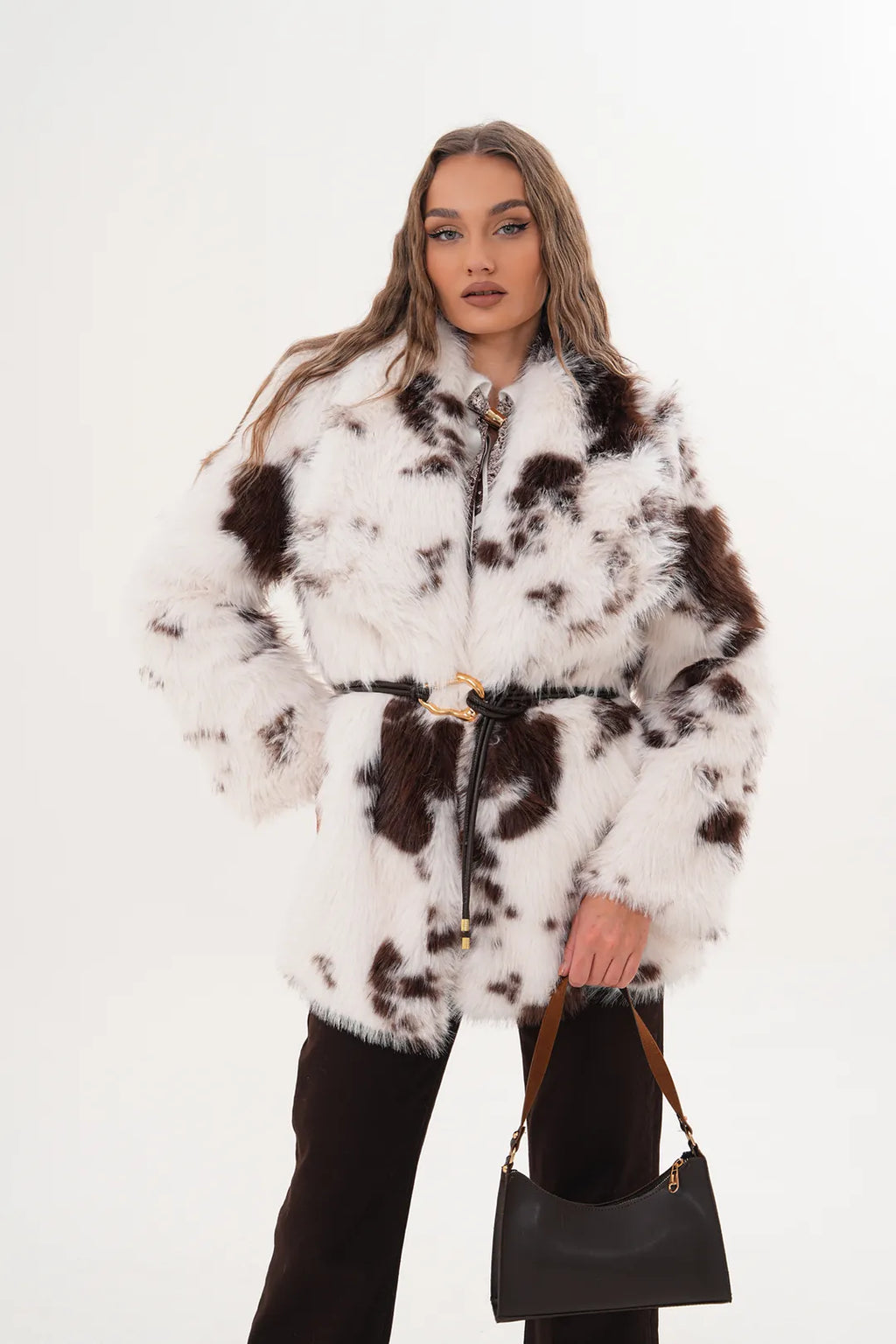 Belted Brown White Wide Collar Midi  Faux Fur Coat