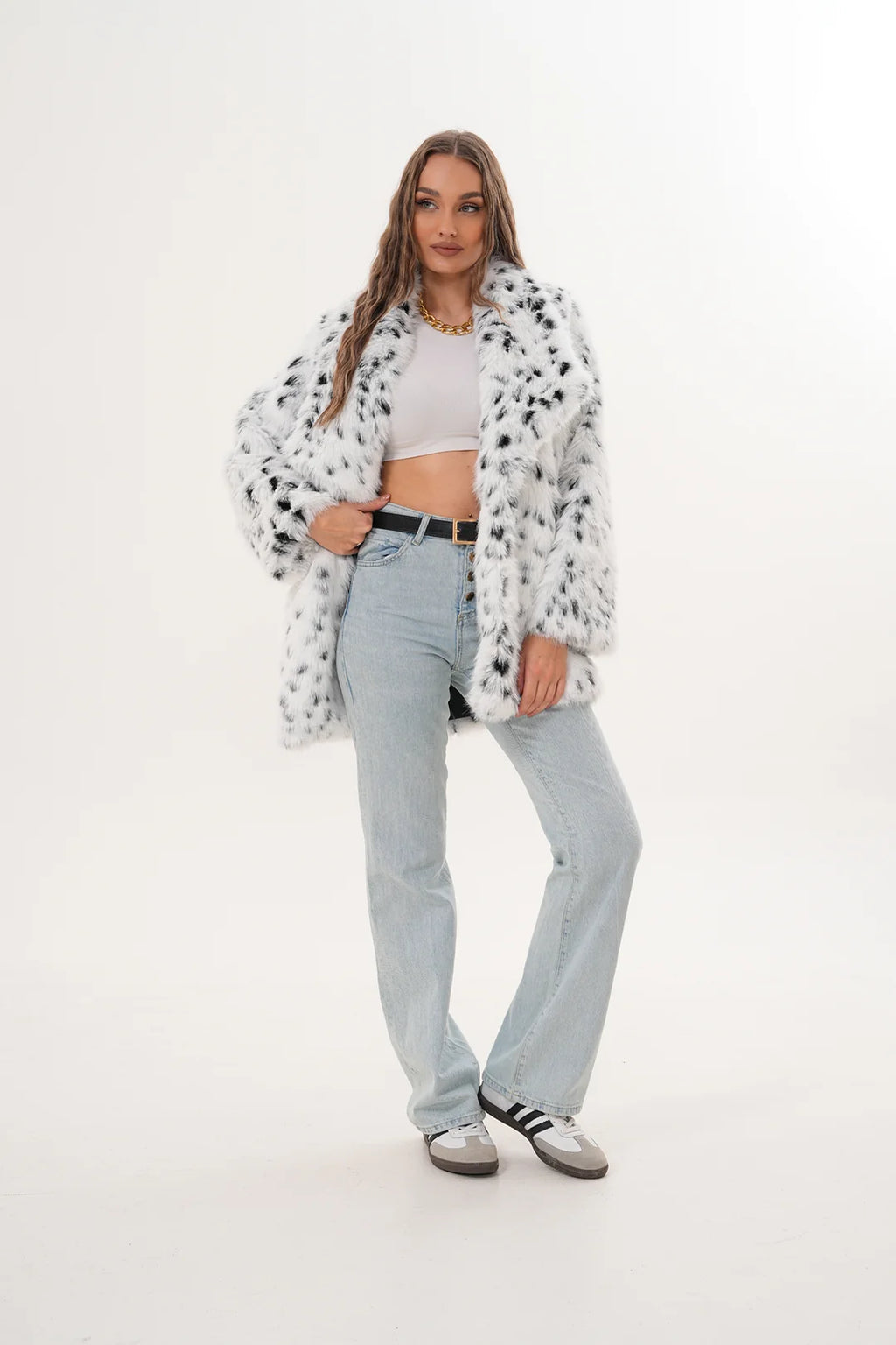 Black & White Leopard Print Belted Wide Collar Midi Faux Fur Coat