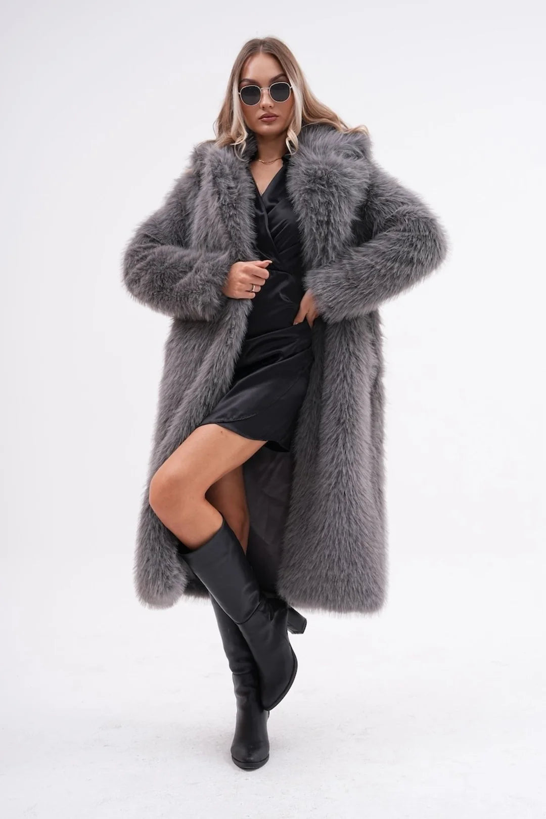 Grey Full Length Faux Fur Coat for Women | Oversized Long Winter Coat