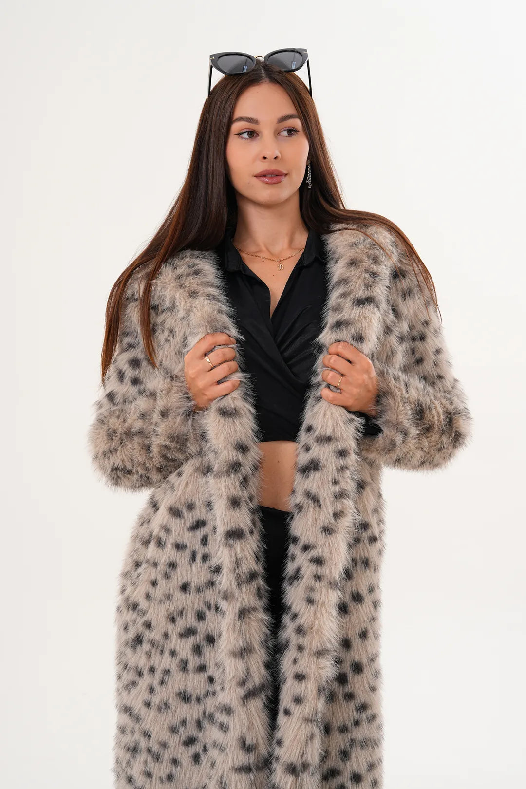 Full-Length Hooded Faux Fur Coat – Stone | Soft, Warm & Elegant Winter Coat
