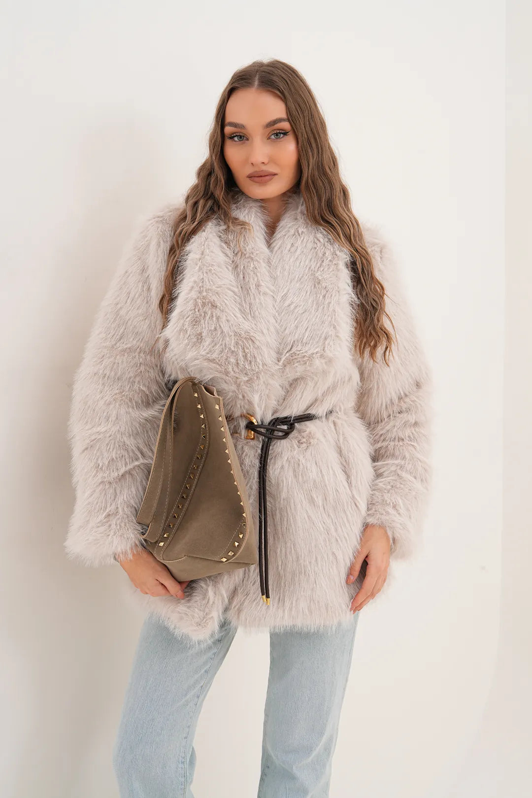 Cream Belted Wide Collar Midi Faux Fur Coat