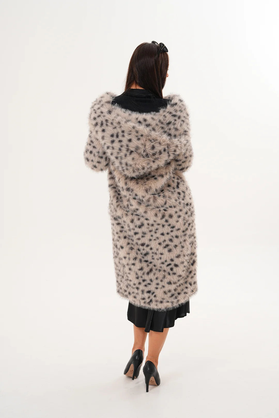Full-Length Hooded Faux Fur Coat – Stone | Soft, Warm & Elegant Winter Coat
