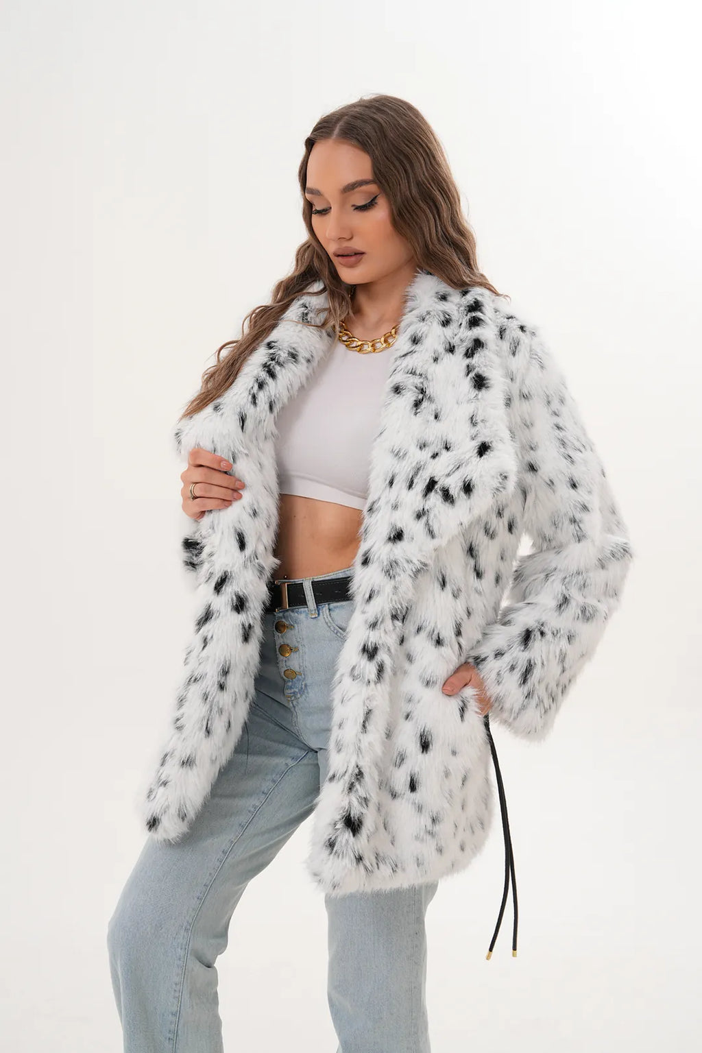 Black & White Leopard Print Belted Wide Collar Midi Faux Fur Coat