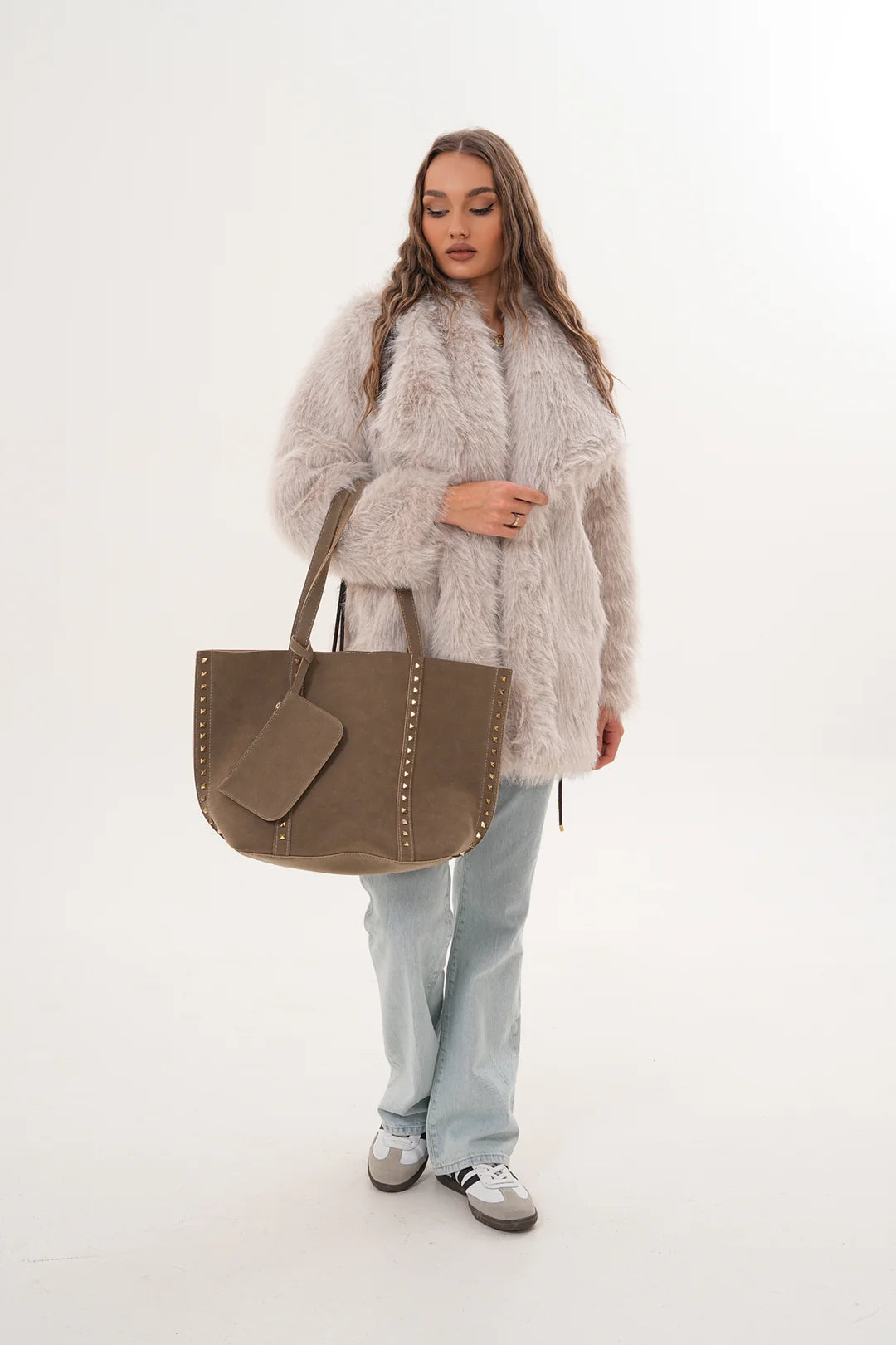 Cream Belted Wide Collar Midi Faux Fur Coat