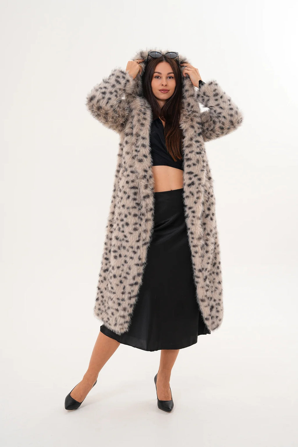 Full-Length Hooded Faux Fur Coat – Stone | Soft, Warm & Elegant Winter Coat