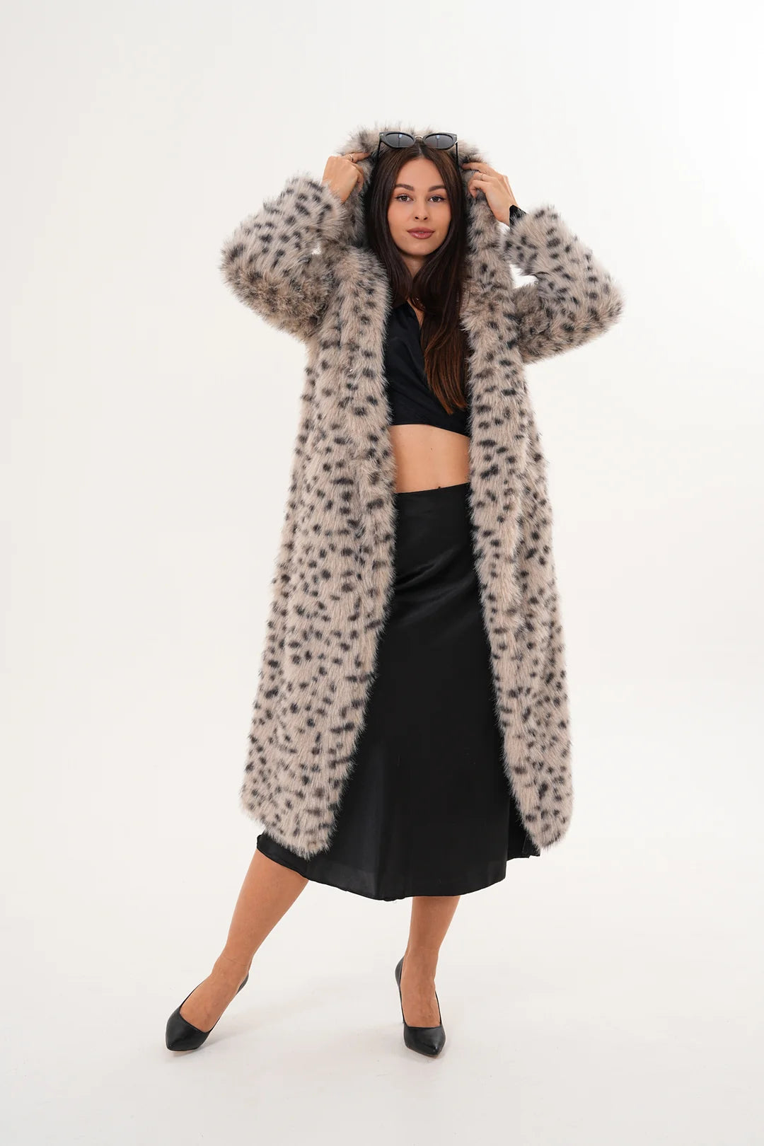 Full-Length Hooded Faux Fur Coat – Stone | Soft, Warm & Elegant Winter Coat