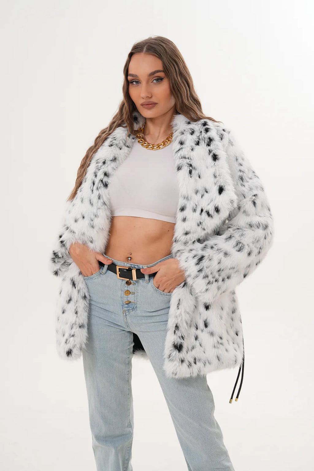 Black & White Leopard Print Belted Wide Collar Midi Faux Fur Coat