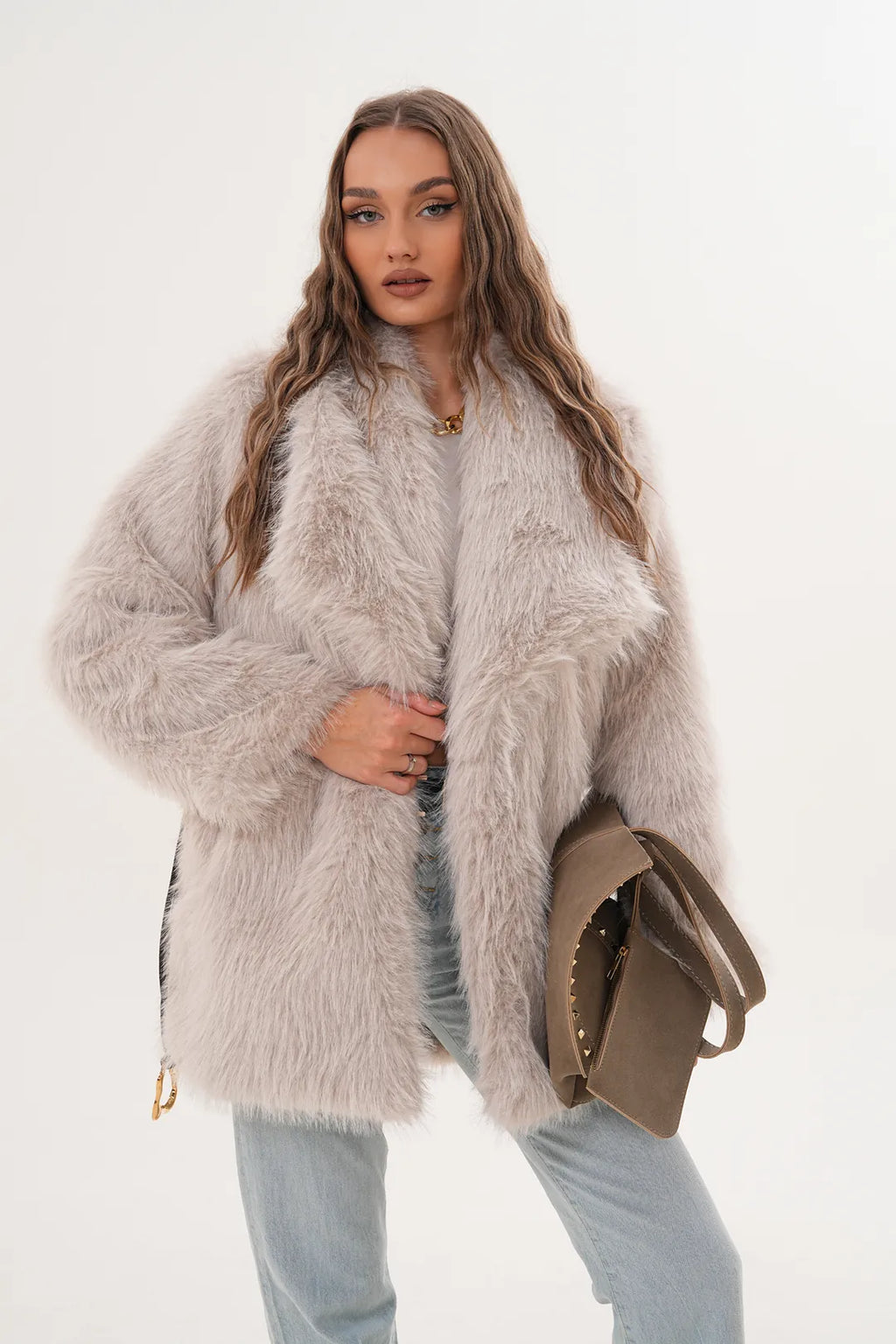 Cream Belted Wide Collar Midi Faux Fur Coat