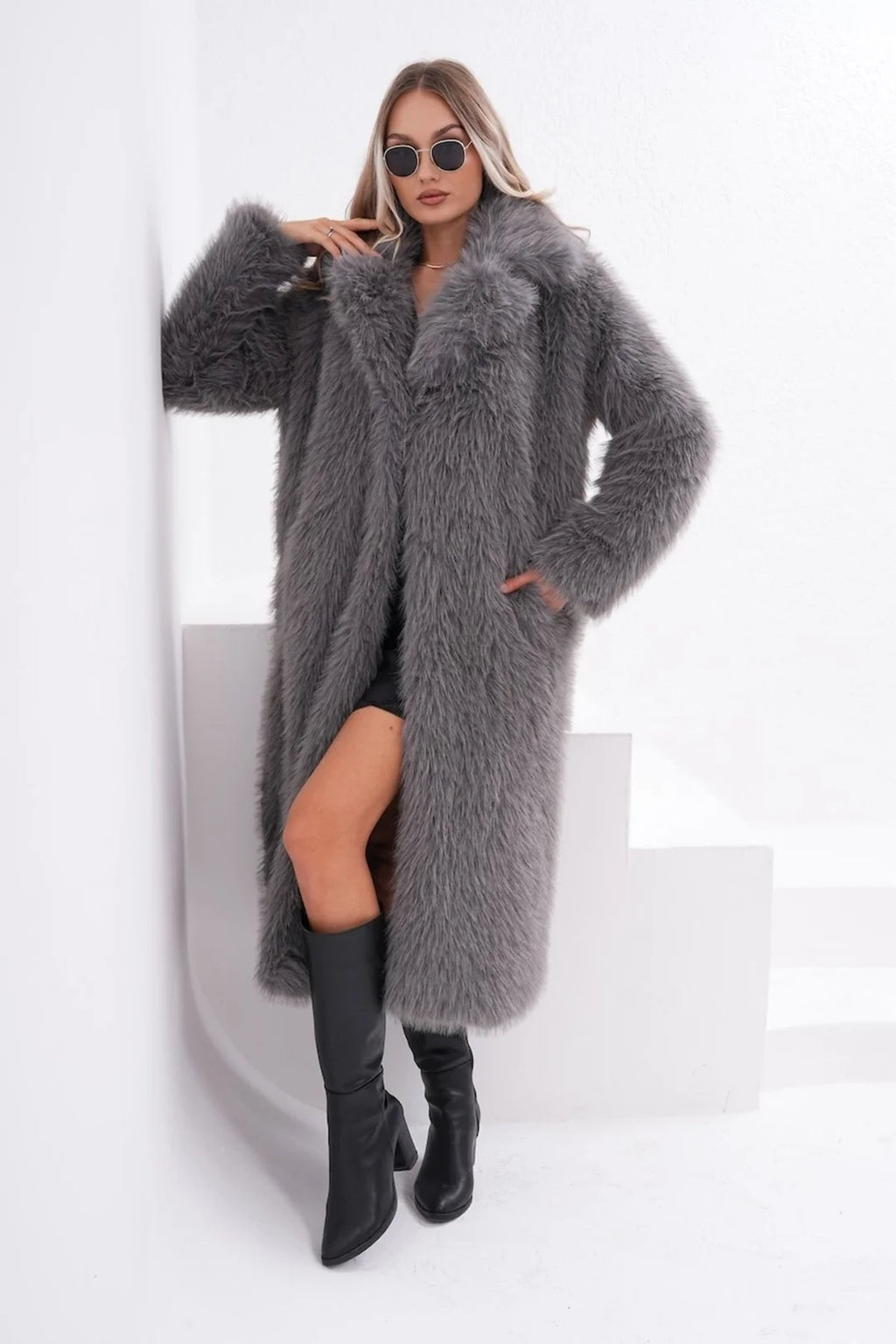 Grey Full Length Faux Fur Coat for Women | Oversized Long Winter Coat