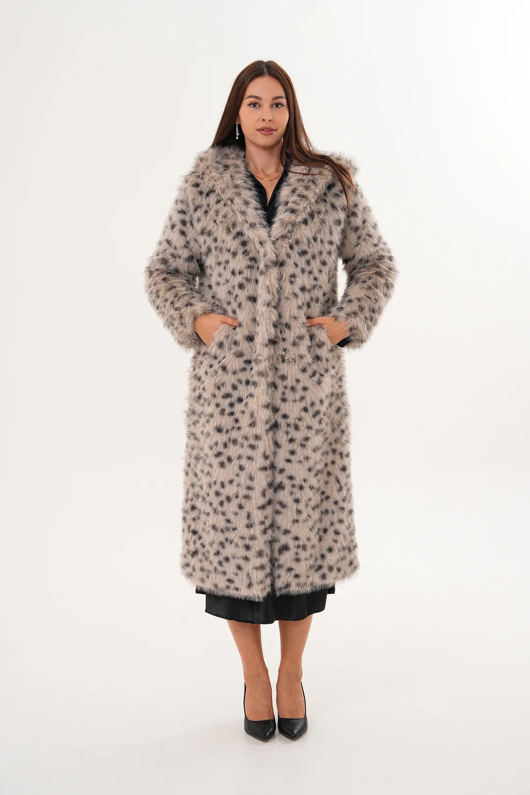 Full-Length Hooded Faux Fur Coat – Stone | Soft, Warm & Elegant Winter Coat
