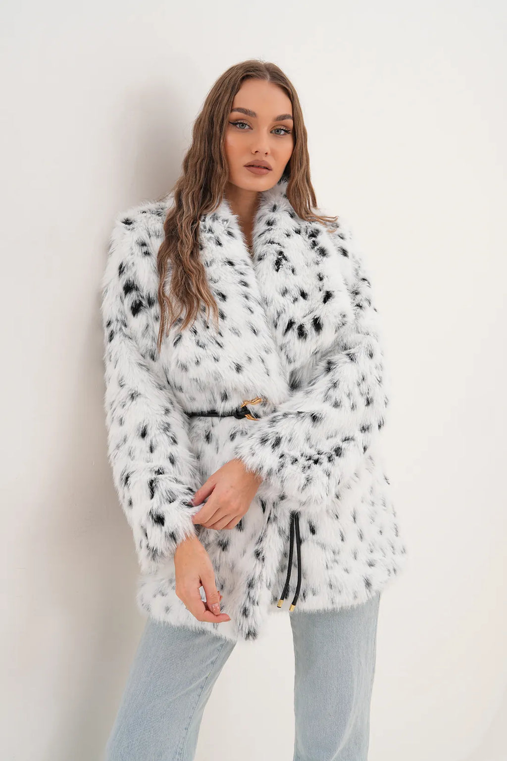 Black & White Leopard Print Belted Wide Collar Midi Faux Fur Coat