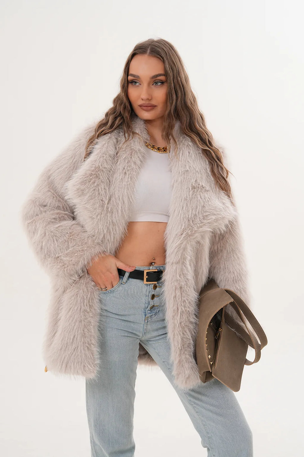 Cream Belted Wide Collar Midi Faux Fur Coat