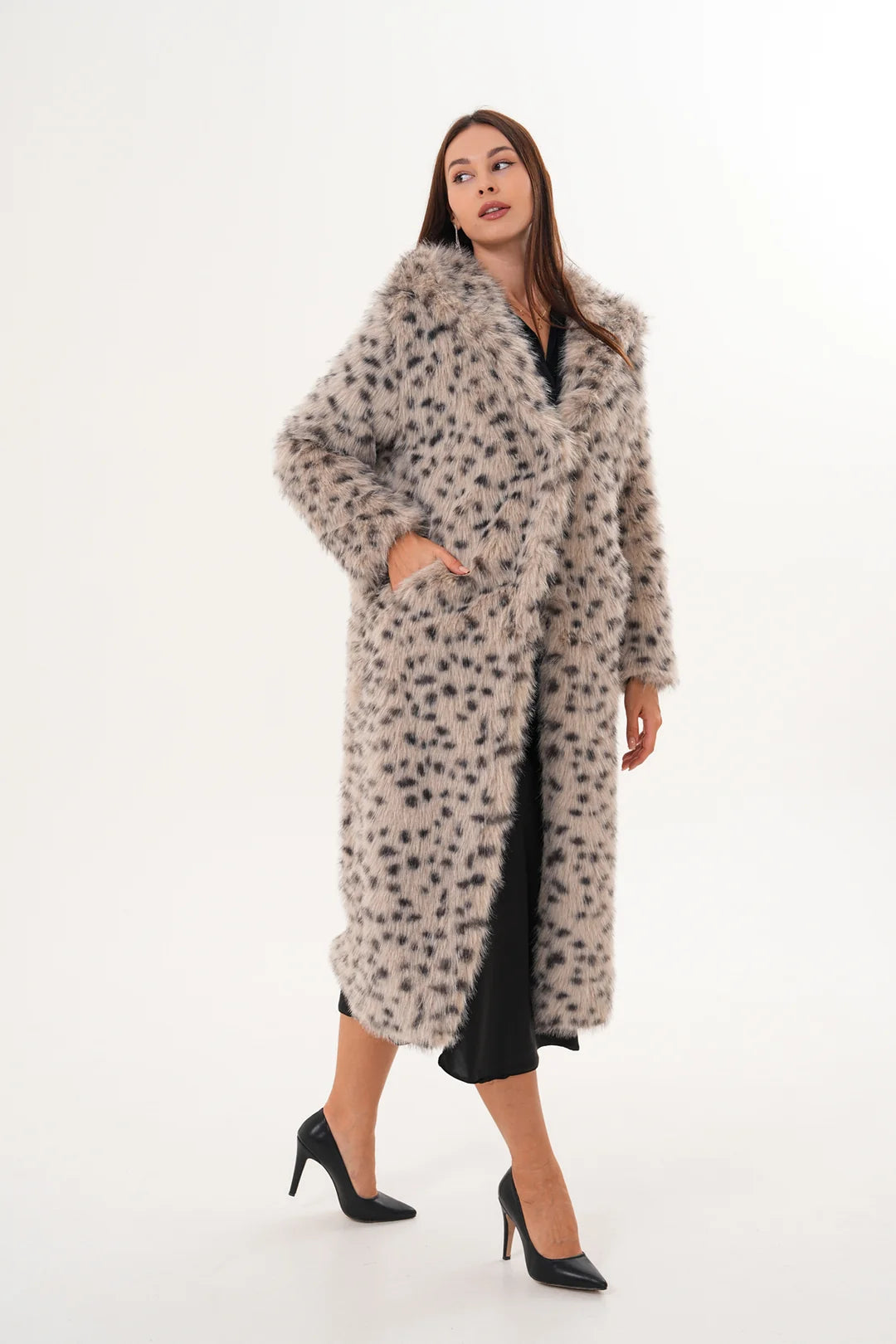 Full-Length Hooded Faux Fur Coat – Stone | Soft, Warm & Elegant Winter Coat
