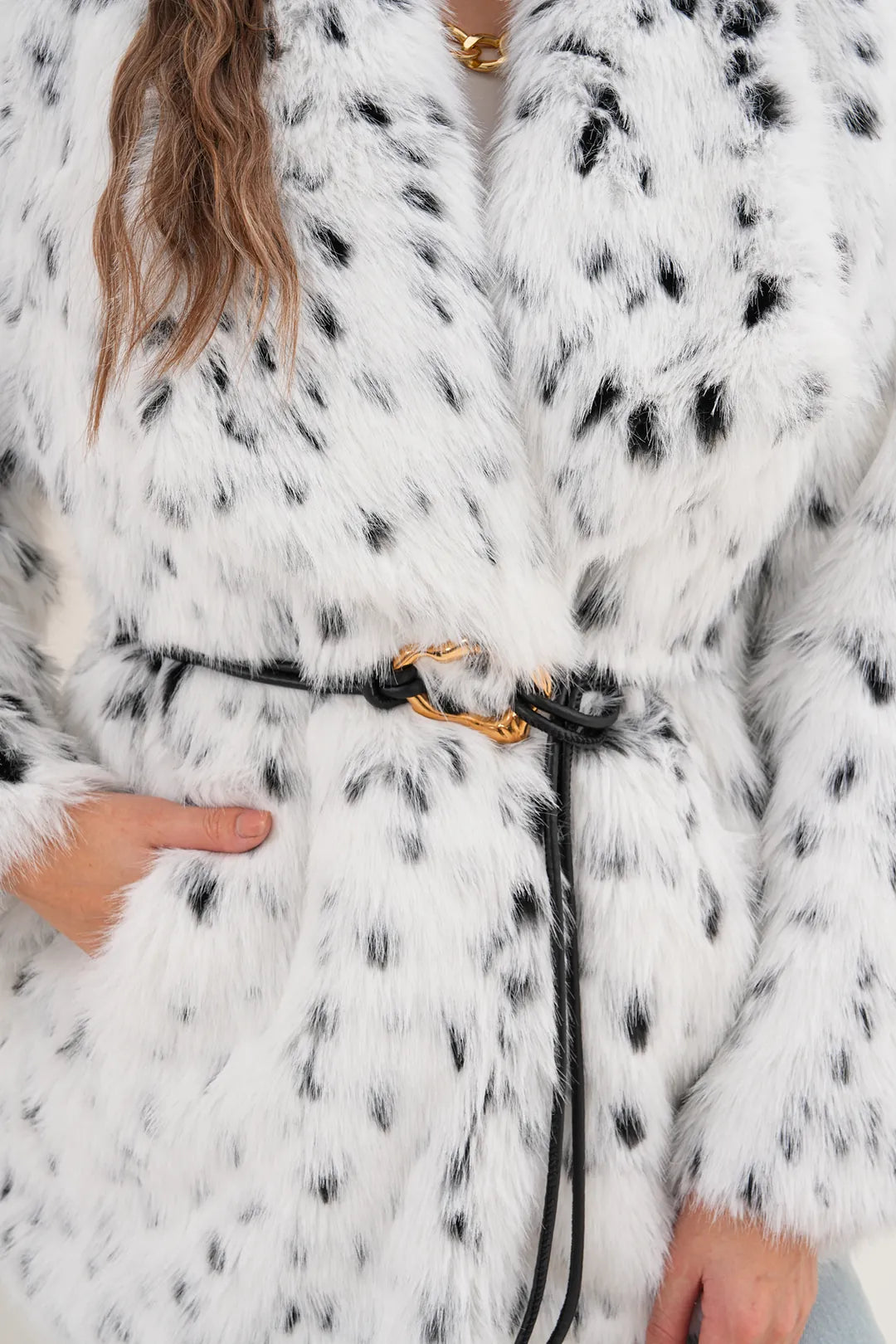 Black & White Leopard Print Belted Wide Collar Midi Faux Fur Coat