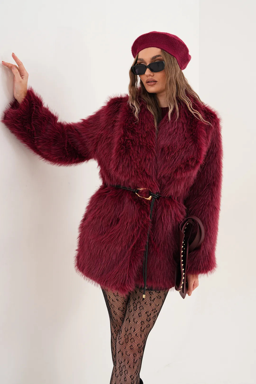 Burgundy Belted Wide Collar Midi Faux Fur Coat
