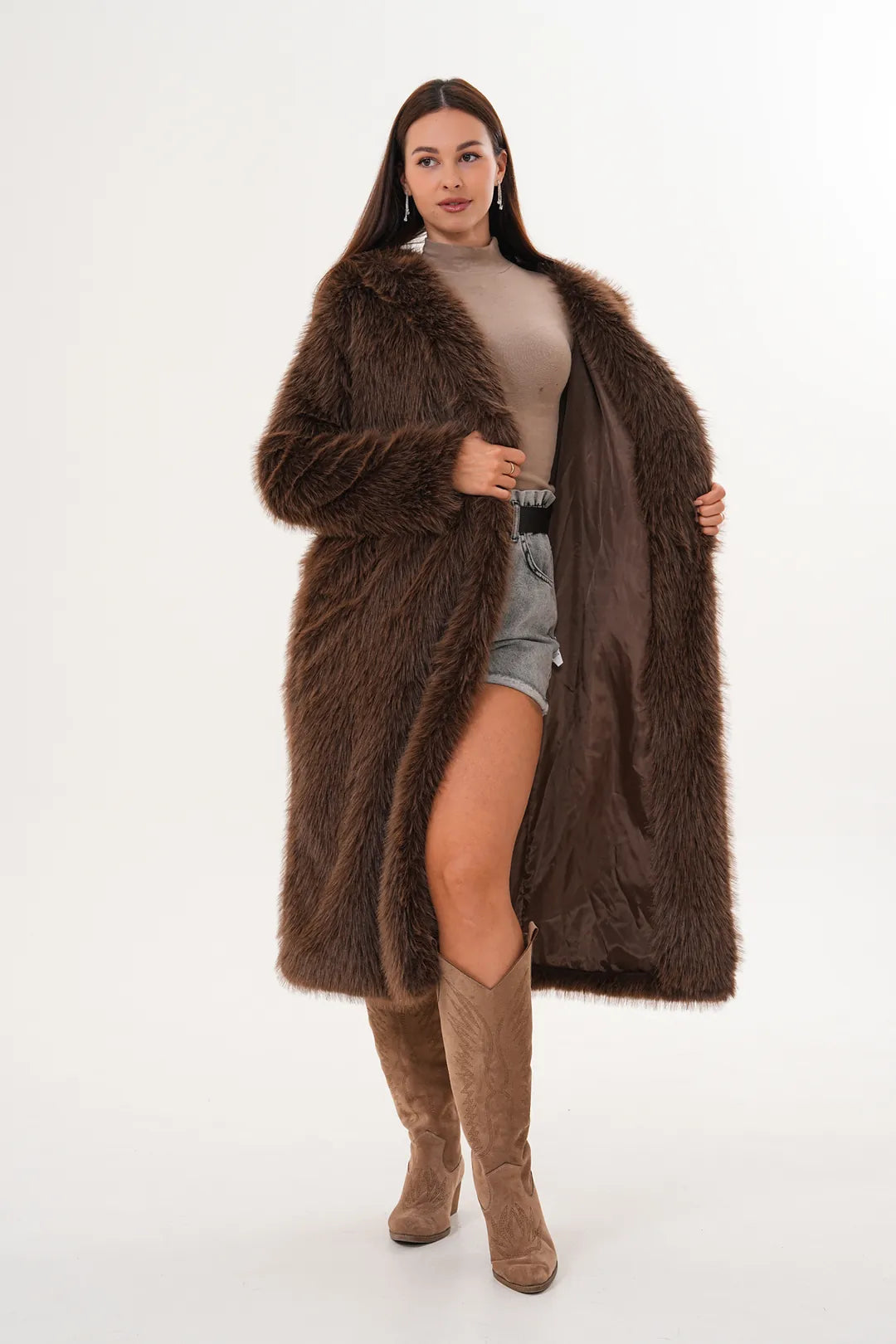 Hooded Faux Fur Coat – Brown