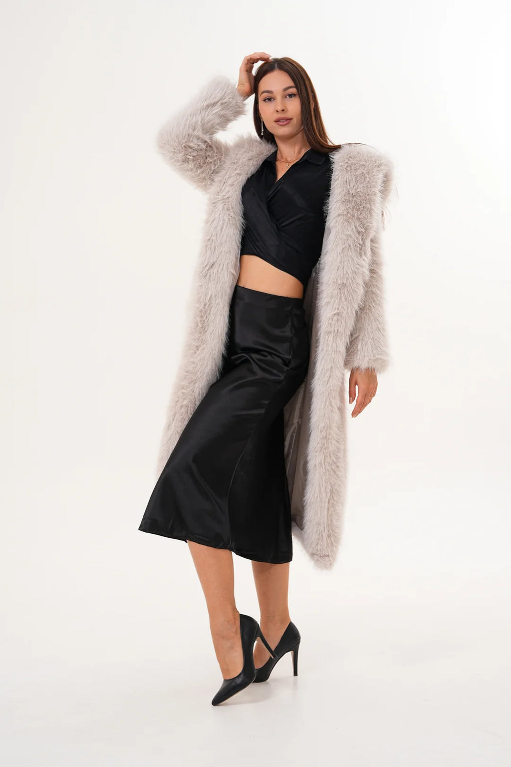 Hooded Faux Fur Coat – Beige