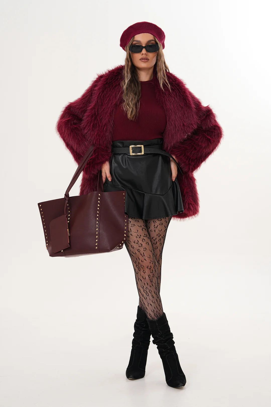 Burgundy Belted Wide Collar Midi Faux Fur Coat